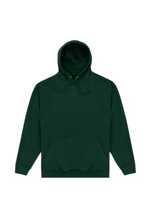 Ciemnozielona bluza z kapturem, z przednią kieszenią kangurzą oraz sznurkiem w kapturze, rozłożona na białym tle.
