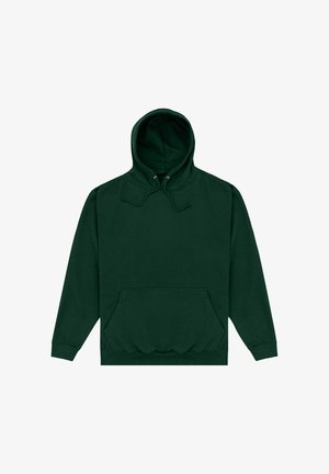 Donkergroene hoodie met voorzak en aantrekkoord in de capuchon, plat gelegd op een witte achtergrond.