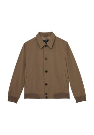 Veste marron avec col, fermeture à boutons sur le devant, deux poches latérales, poignets côtelés et finition en tissu texturé. Convient pour une tenue décontractée.