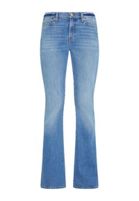 Jeans a zampa d'elefante blu realizzati in denim con una finitura sbiadita. Presentano una vita aderente, cinque tasche e una chiusura a bottoni classica.