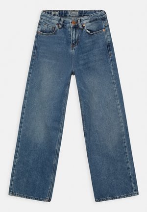 Light blue denim jeans with a wide-leg cut, featuring five pockets, a button fly, and subtle fading throughout the fabric.