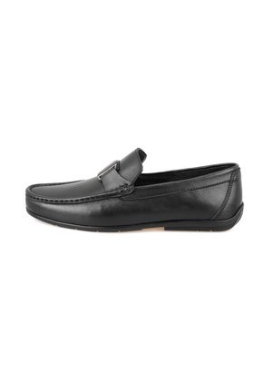 Black leather loafers with a stitched toe design, featuring a decorative buckle detail and a smooth, rounded shape. Rubber sole.