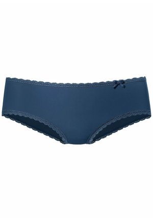 Dunkelblaue Damenunterhosen aus glattem Stoff, mit Spitzenbesatz am Bund und an den Beinen, sowie einer kleinen Schleifenapplikation an der Seite.