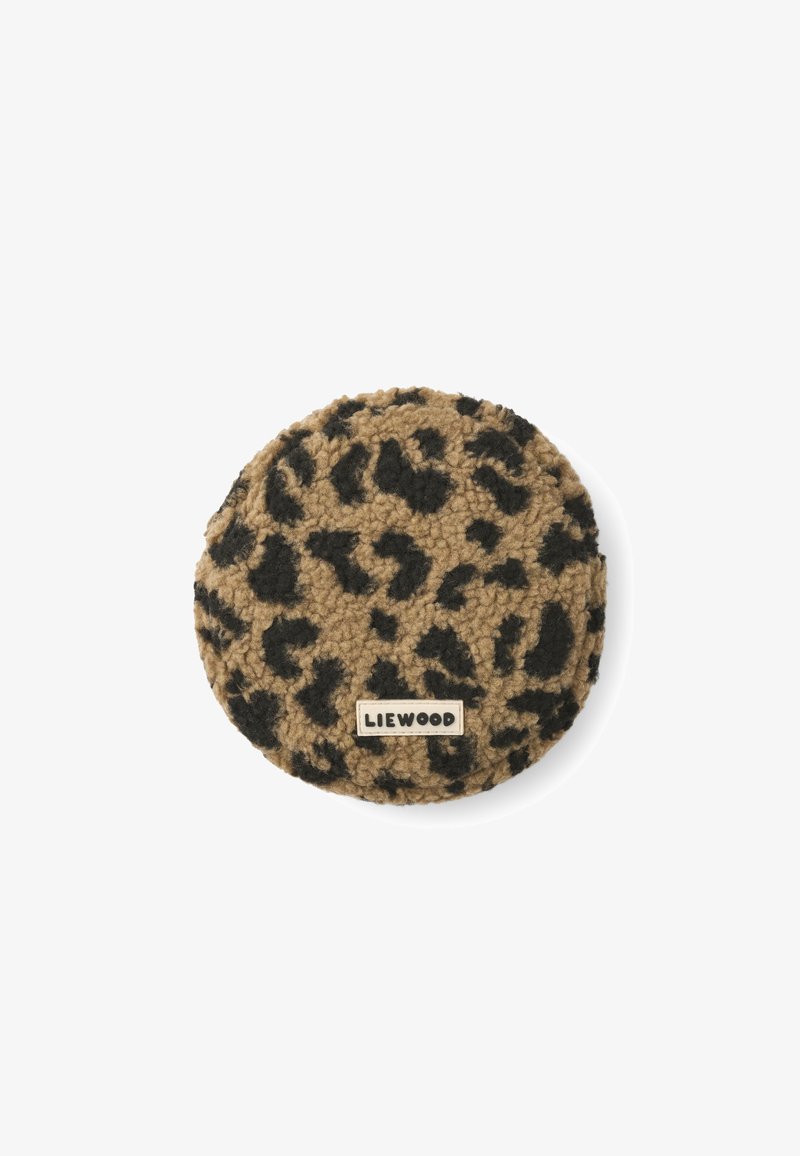 Pouch rotondo con motivo leopardato in marrone e nero, realizzato in materiale morbido e testurizzato, dotato di un'etichetta bianca con il testo "LIEWOOD".