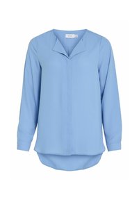 Blouse bleu clair à manches longues avec col en V et ourlet arrondi, conçue pour une coupe décontractée.