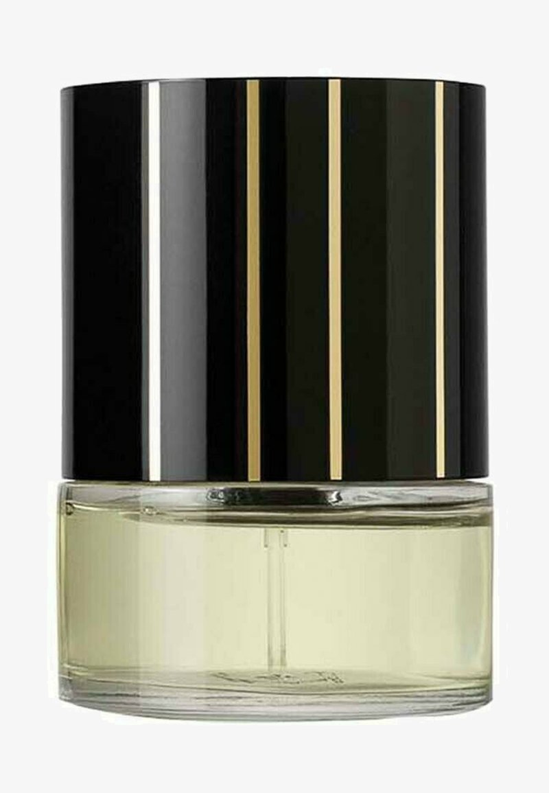 Glass perfume bottle with a clear base and a black cylindrical cap featuring vertical gold stripes. Liquid is light yellow.