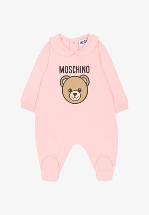 Body en coton rose à manches longues, avec un motif d'ours et le texte "MOSCHINO". Comprend un col claudine et des pieds intégrés.