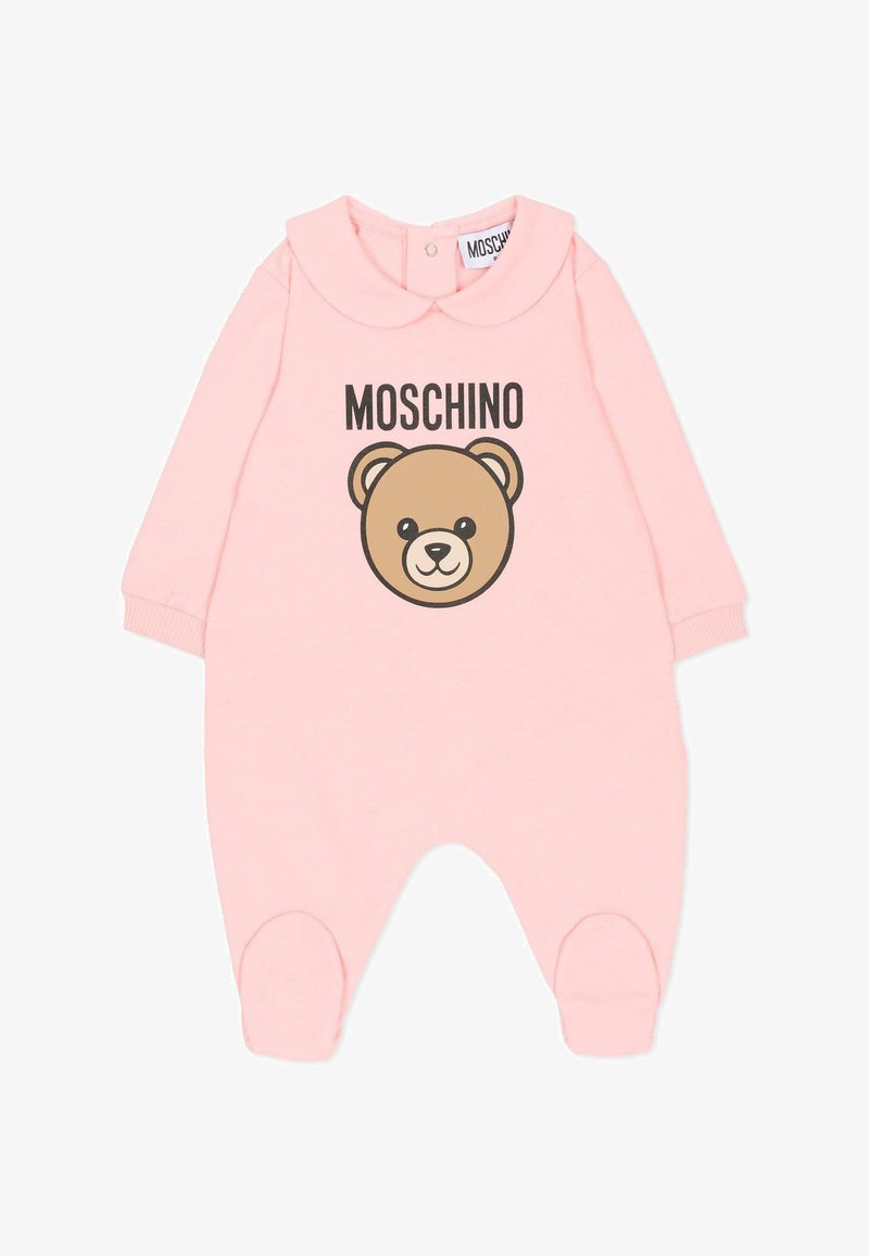 Body in cotone rosa con maniche lunghe, caratterizzato da una grafica di orso e dalla scritta "MOSCHINO". Include un colletto Peter Pan e pantaloni con piedini.