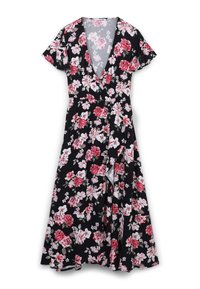 Abito nero floreale con maniche corte a volants, caratterizzato da una scollatura a V e un design avvolgente. Il materiale è leggero con motivi di fiori rosa e bianchi.