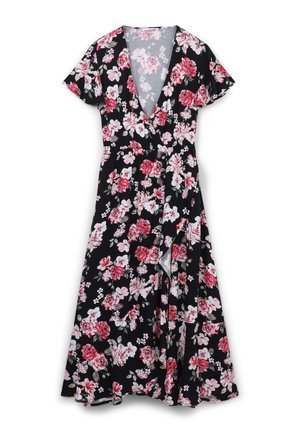 Abito nero floreale con maniche corte a volants, caratterizzato da una scollatura a V e un design avvolgente. Il materiale è leggero con motivi di fiori rosa e bianchi.