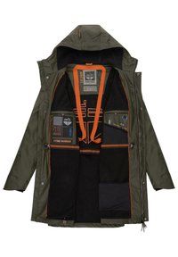 Olive green waterproof jacket with a black fleece lining, orange accents, and multiple interior pockets featuring distinct labels and designs.