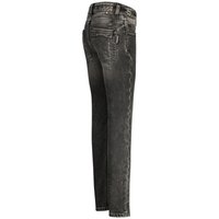 Jeans de mezclilla negra con un acabado desgastado, diseño de pierna recta, cinco bolsillos y detalles de costura en contraste. Tejido texturizado con un ligero desgaste.