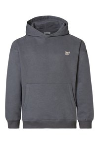 Grijze hoodie met een voorzak, een capuchon met trekkoord en een klein logo in de linkerbovenhoek. Gemaakt van een zachte, gestructureerde stof.