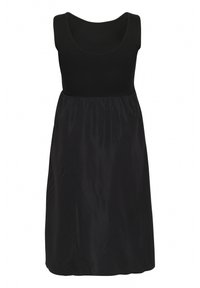 Zwarte jurk met een aansluitende geribde bodice en een vloeiende satijnen rok, voorzien van een ronde halslijn en een elastische taille voor comfort.