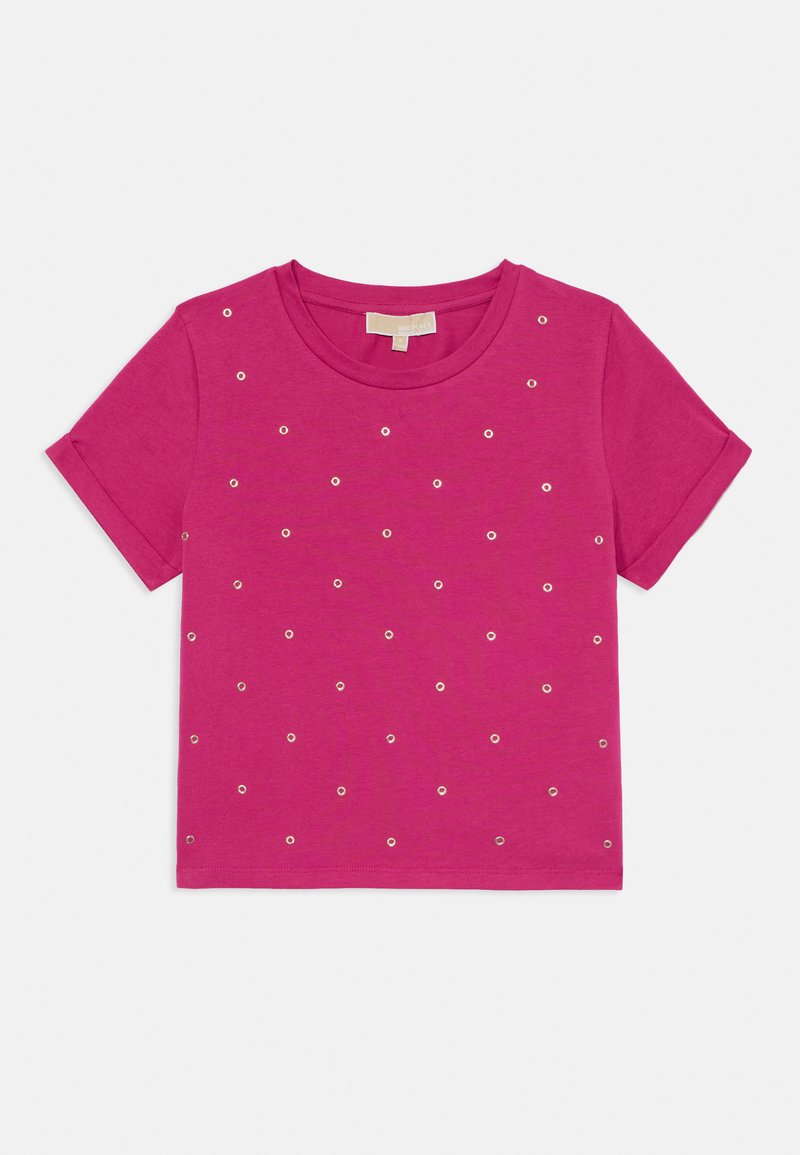 Fuchsia kortärmad t-shirt i bomull, med silverfärgade öglor jämnt fördelade över framsidan, med rundad halsringning.