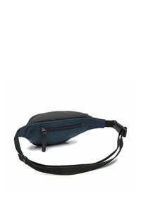Marsupio in tessuto blu navy e nero con una tasca con cerniera sul fronte, cinturino regolabile e superficie liscia; forma ovale.