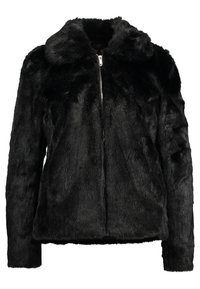 Giacca in pelliccia ecologica nera con scollo a collo e cerniera frontale. Presenta una trama morbida e soffice e maniche lunghe.