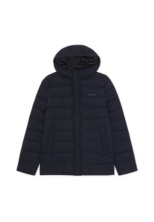 Marineblaue gepolsterte Jacke mit Kapuze, Fronttaschen und subtiler "LES DEUX"-Logo auf der Brust, entworfen für kaltes Wetter.