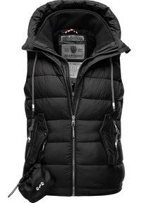 Black puffer vest with a hood, zip front, elastic drawstrings, and two zippered pockets. Includes a compact storage pouch.
