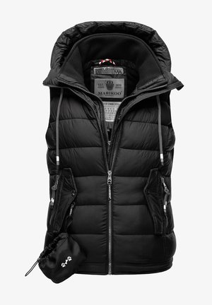 Gilet rembourré noir avec capuche, fermeture éclair à l'avant, cordons élastiques, et deux poches zippées. Comprend une poche de rangement compacte.
