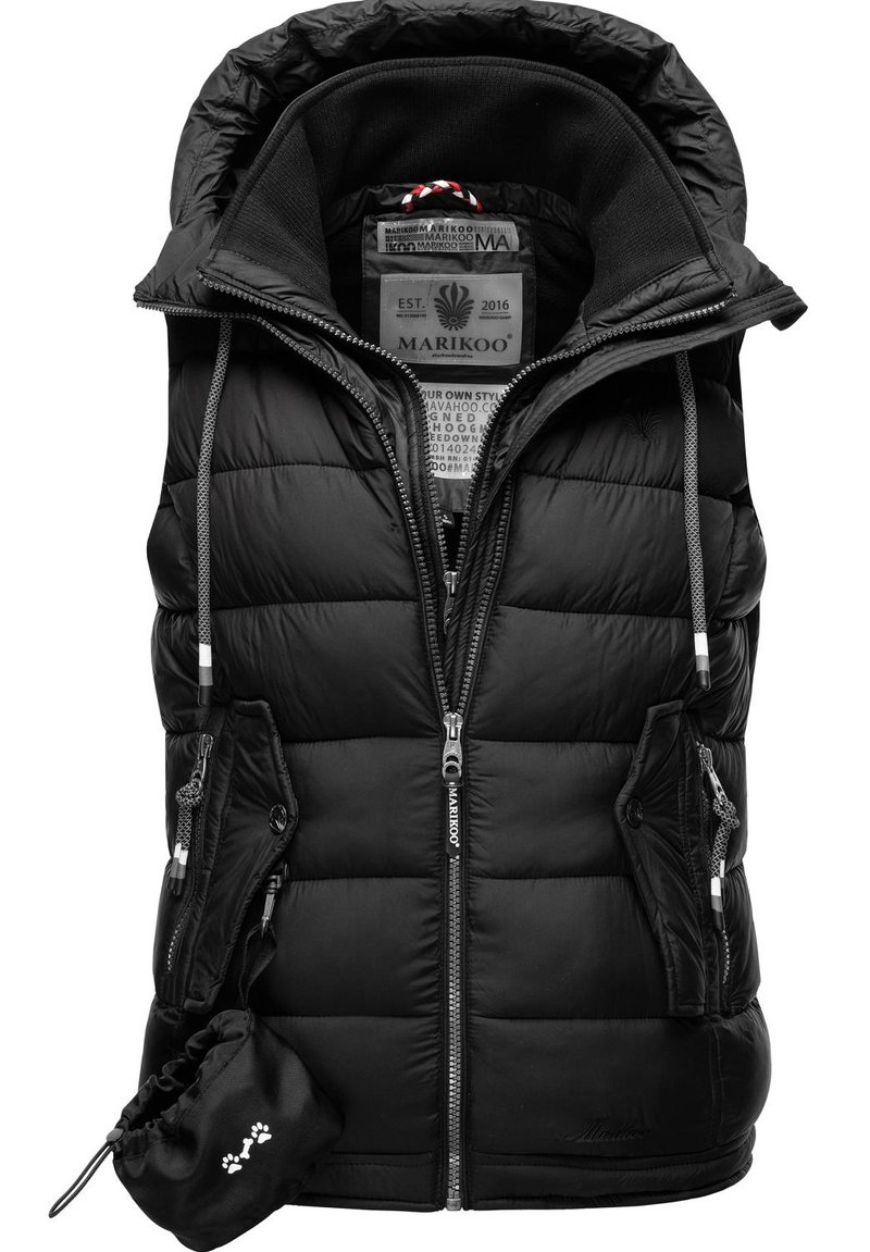 Black puffer vest with a hood, zip front, elastic drawstrings, and two zippered pockets. Includes a compact storage pouch.