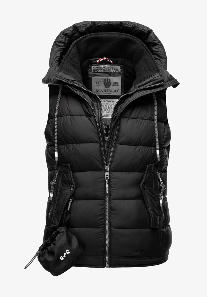 Zwarte puffer vest met capuchon, rits aan de voorkant, elastische trekkoorden en twee met rits afgesloten zakken. Inclusief een compacte opbergzak.