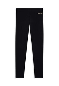 Leggings neri realizzati in tessuto elastico, con una superficie liscia e un accento con logo dorato sulla parte superiore sinistra.