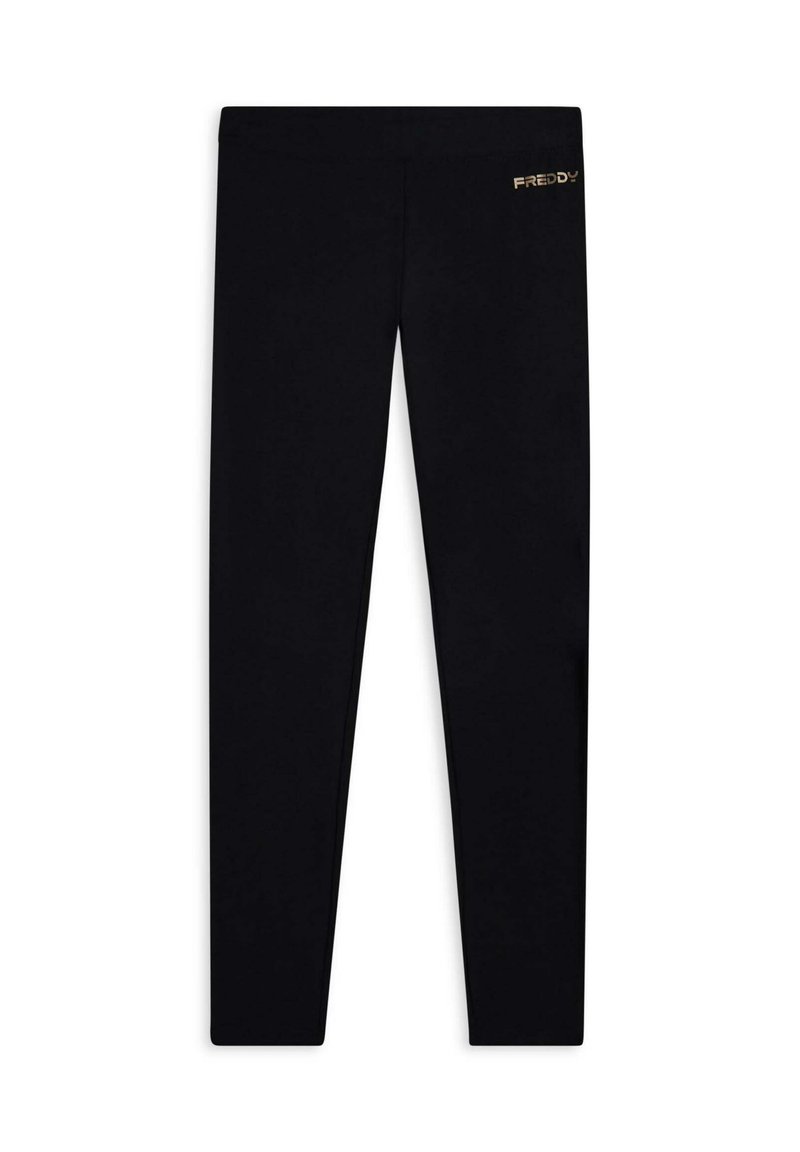 Leggings neri realizzati in tessuto elastico, con una superficie liscia e un accento con logo dorato sulla parte superiore sinistra.