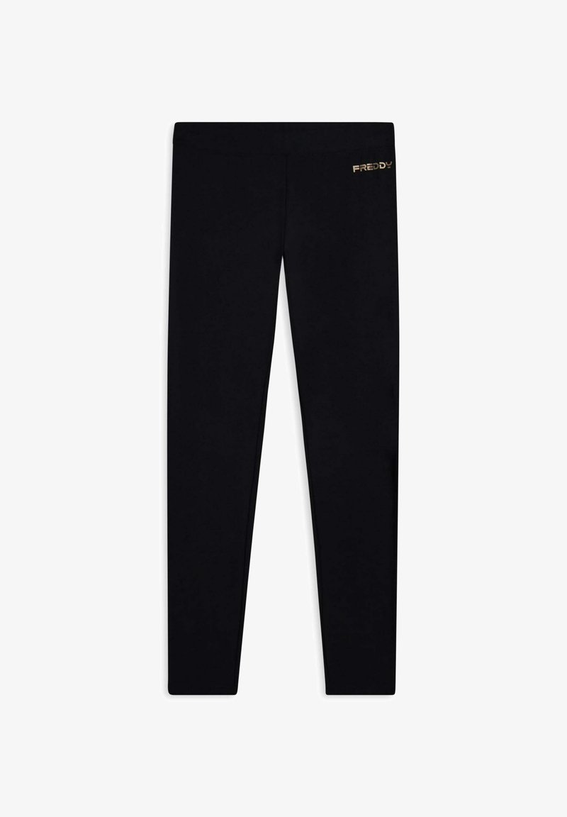 Leggings neri realizzati in tessuto elastico, con una superficie liscia e un accento con logo dorato sulla parte superiore sinistra.