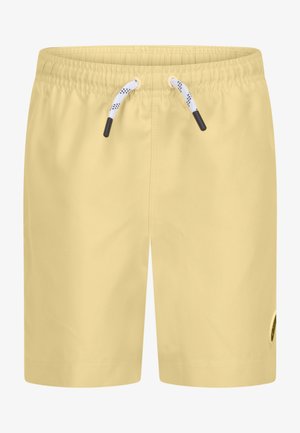 Žute kupaće gaće s elastičnim pojasom i podesivim vezicama. Glatki materijal i detalj s logotipom sa strane. Klasični pravokutni oblik.