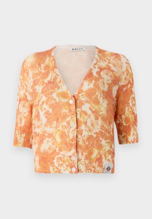 Cardigan tricotat cu flori, având un model portocaliu și crem, decolteu în V, mâneci scurte, închidere cu cinci nasturi și textură ribbed.