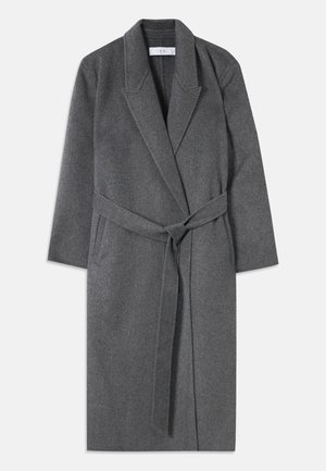Gray wool coat with long sleeves, a belted waist, and a notched collar. Features a clean, minimalist design and soft texture.