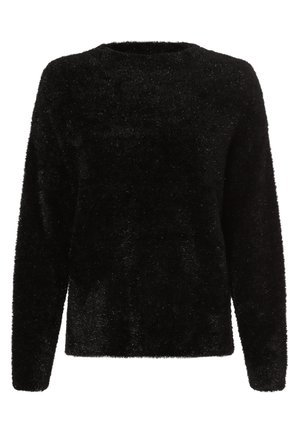 Pull noir en peluche avec de longues manches, un col rond et un tissu doux et texturé. Aucun motif ou accent visible.