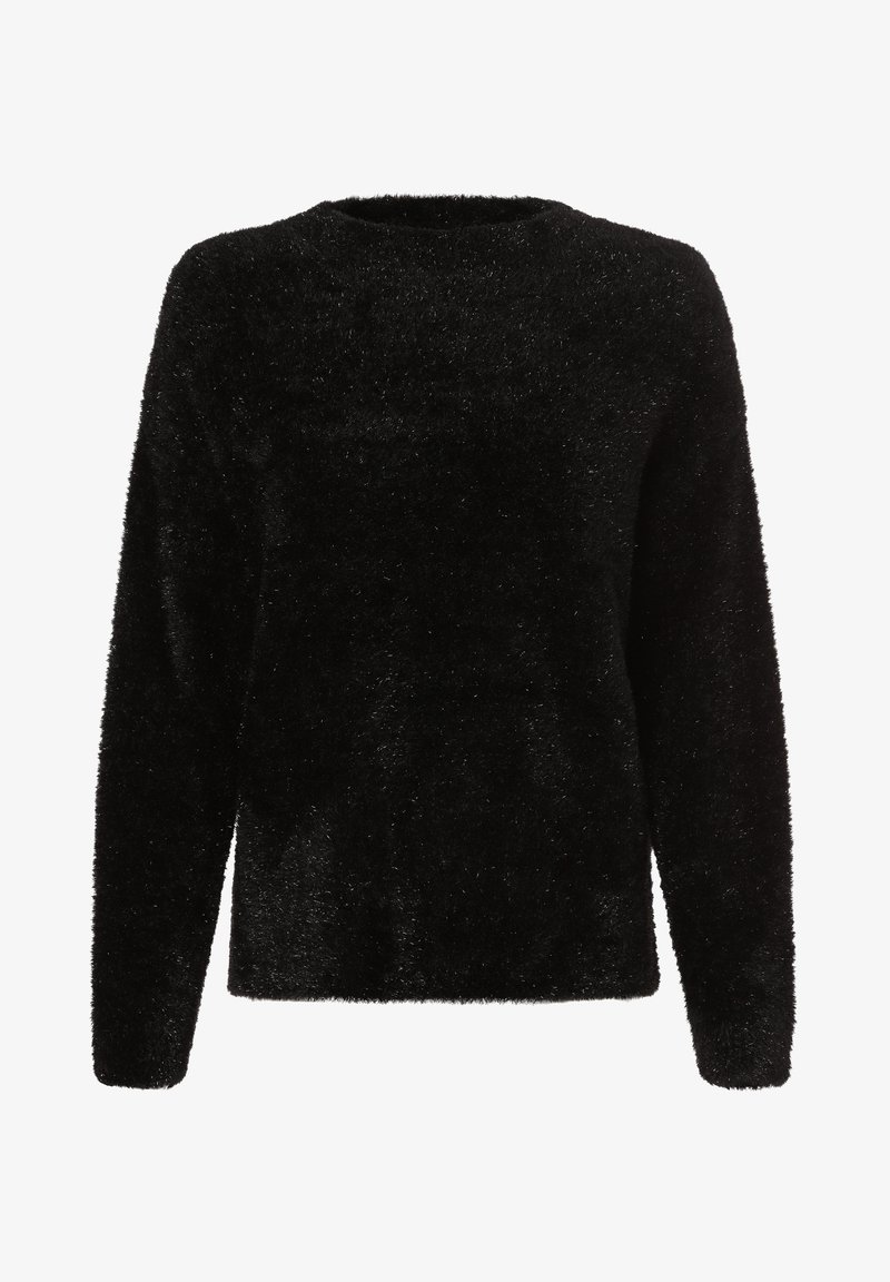 Schwarzer, flauschiger Pullover mit langen Ärmeln, einem runden Halsausschnitt und einem weichen, strukturierten Stoff. Keine Muster oder Akzente sichtbar.