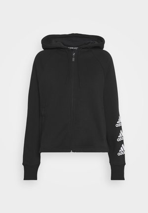 Black zip-up hoodie with a hood, ribbed cuffs, and hem. Features white Adidas logo accents on the left sleeve. Made of soft fabric.