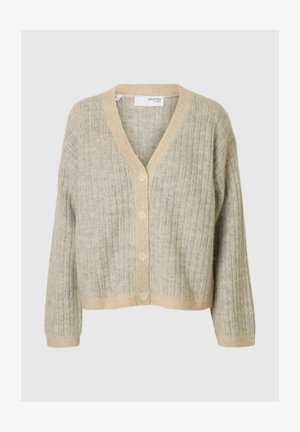 Beige ribbad cardigan med V-hals, med knaplukning foran og lange ærmer. Teksturen er blød, med kontrastkant rundt kanterne.