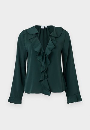 Σκούρο πράσινο μπλούζα με μακριά μανίκια, V-λαιμόκοψη με βολάν και μανσέτες, λεπτομέρεια με κορδόνι στο μπροστινό μέρος και ελαφρώς χαλαρή εφαρμογή.