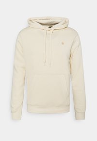 Béžová mikina s kapucí vyrobená z měkké látky. Má kapuci na stažení šňůrkou, kapsu typu klokanka a žebrované manžety. Výšivka loga na hrudi.