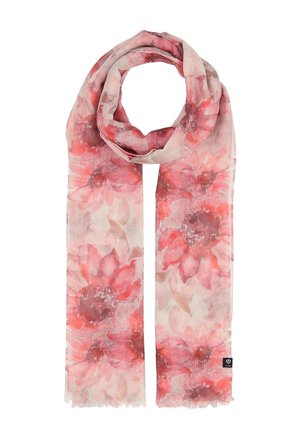 Hellrosa Schal mit großen roten und korallenfarbenen Blumenmustern, weichem Stoff und einem kleinen schwarzen Etikett an einem Ende.