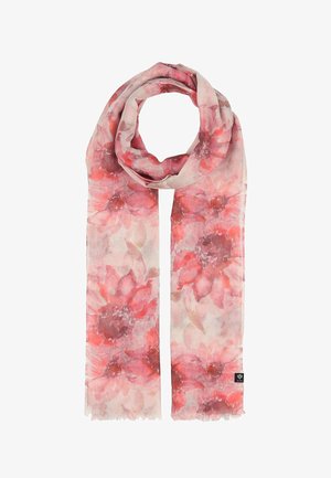 Light pink scarf with large red and coral floral patterns, soft fabric, and a small black label on one end.