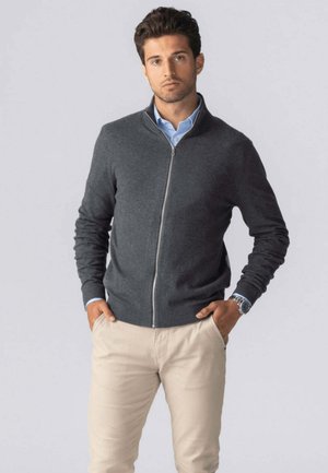 Grå zip-up sweater med lange ærmer og ribbede manchetter, parret med en lyseblå skjorte med krave. Slim-fit beige bukser. Ur på håndleddet.
