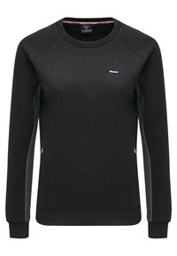 Felpa nera con maniche raglan, dettagli grigi e un piccolo logo rosa sul petto. Presenta un colletto e polsini a coste. Tessuto morbido.