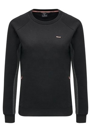 Sort sweatshirt med raglanærmer, grå detaljer og et lille pink logo på brystet. Har en ribbet krave og manchetter. Blødt stof.