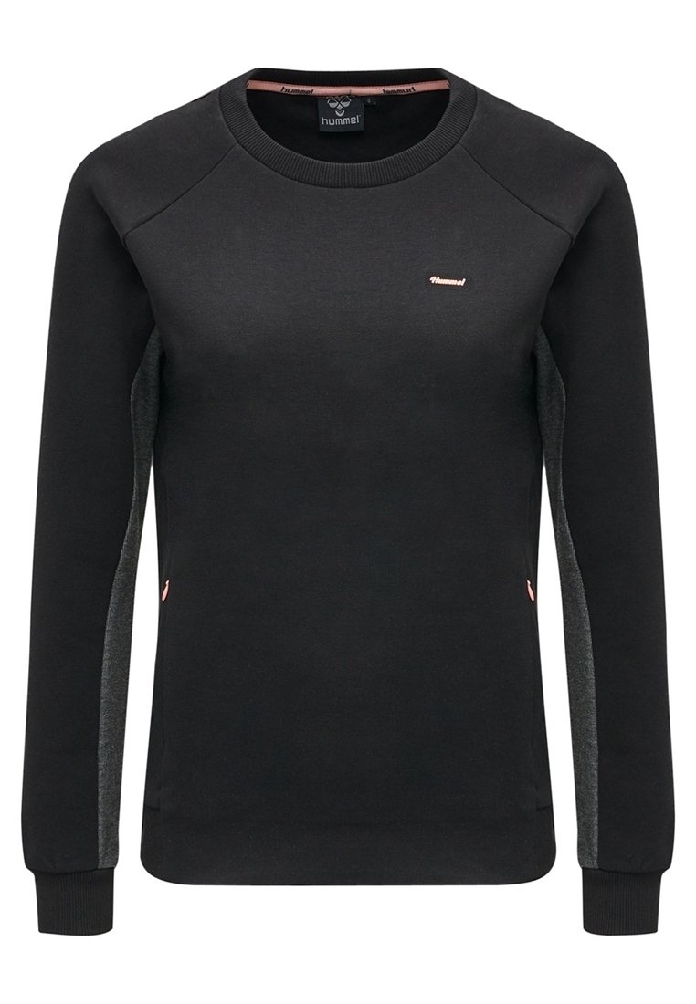 Felpa nera con maniche raglan, dettagli grigi e un piccolo logo rosa sul petto. Presenta un colletto e polsini a coste. Tessuto morbido.