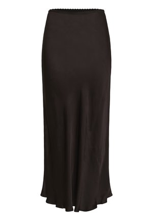 Black satin midi skirt with a smooth texture, fitted waist, and flared hem. Features scalloped edge detailing along the waistband.