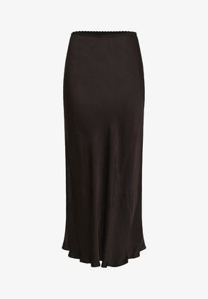 Zwarte satijnen midi-rok met een gladde textuur, een aansluitende taille en een vloeiende zoom. Bevat gekartelde randdetails langs de tailleband.