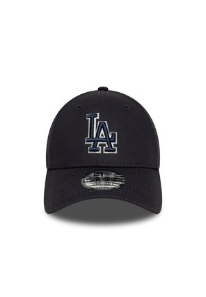 Schwarze Baseballmütze mit einem gestickten "LA"-Logo in Marineblau. Verfügt über einen gebogenen Schirm und ein Strukturmuster auf dem Stoff.