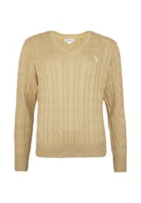 Pulover bej tricotat cu decolteu în formă de V, model cu căptușeală împletită, manșete și tiv cu dungi, cu un mic logo pe pieptul stâng. Mărime L.