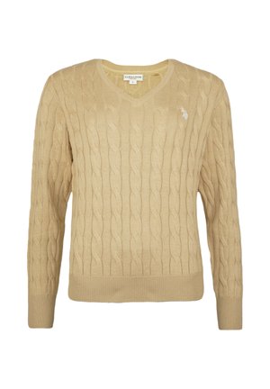 Suéter beige de punto con cuello en V, patrón de trenzas, puños y bajo acanalados, con un pequeño logo en el pecho izquierdo. Talla L.