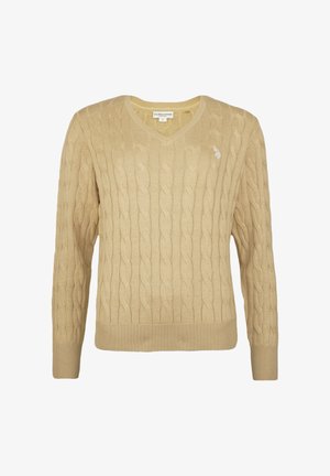 Pull en maille beige présentant un col en V, un motif torsadé, des poignets et un ourlet côtelés, avec un petit logo sur la poitrine gauche. Taille L.